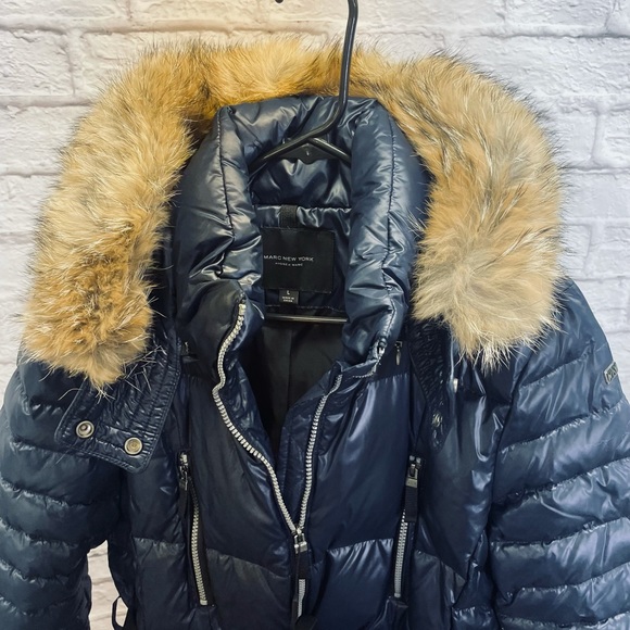 NWT, Andrew Marc Belted Puffer w/ REAL fur, Navy, Size L - Picture 6 of 14